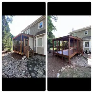 A before and after image of a house front